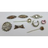 Two hallmarked Victorian silver and gilt fronted brooches, four other brooches, two stick pins and a