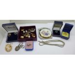 A collection of silver, white metal and rolled gold jewellery, a Stratton compact, etc.