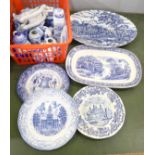 A box of blue and white china including vases, teapots, plates, etc.