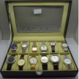 Twelve wristwatches in a display box, Sekonda, Rotary, Accurist, etc.
