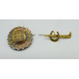 A Victorian yellow metal mourning brooch, 7.5g and a 15ct gold brooch, 2.3g