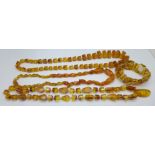 Three amber coloured bead necklaces and a bracelet