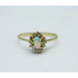 A 9ct gold, opal and diamond cluster ring, 1.3g, N/O