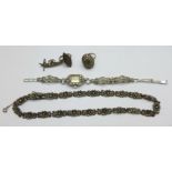 A collection of silver and marcasite jewellery including a lady's wristwatch