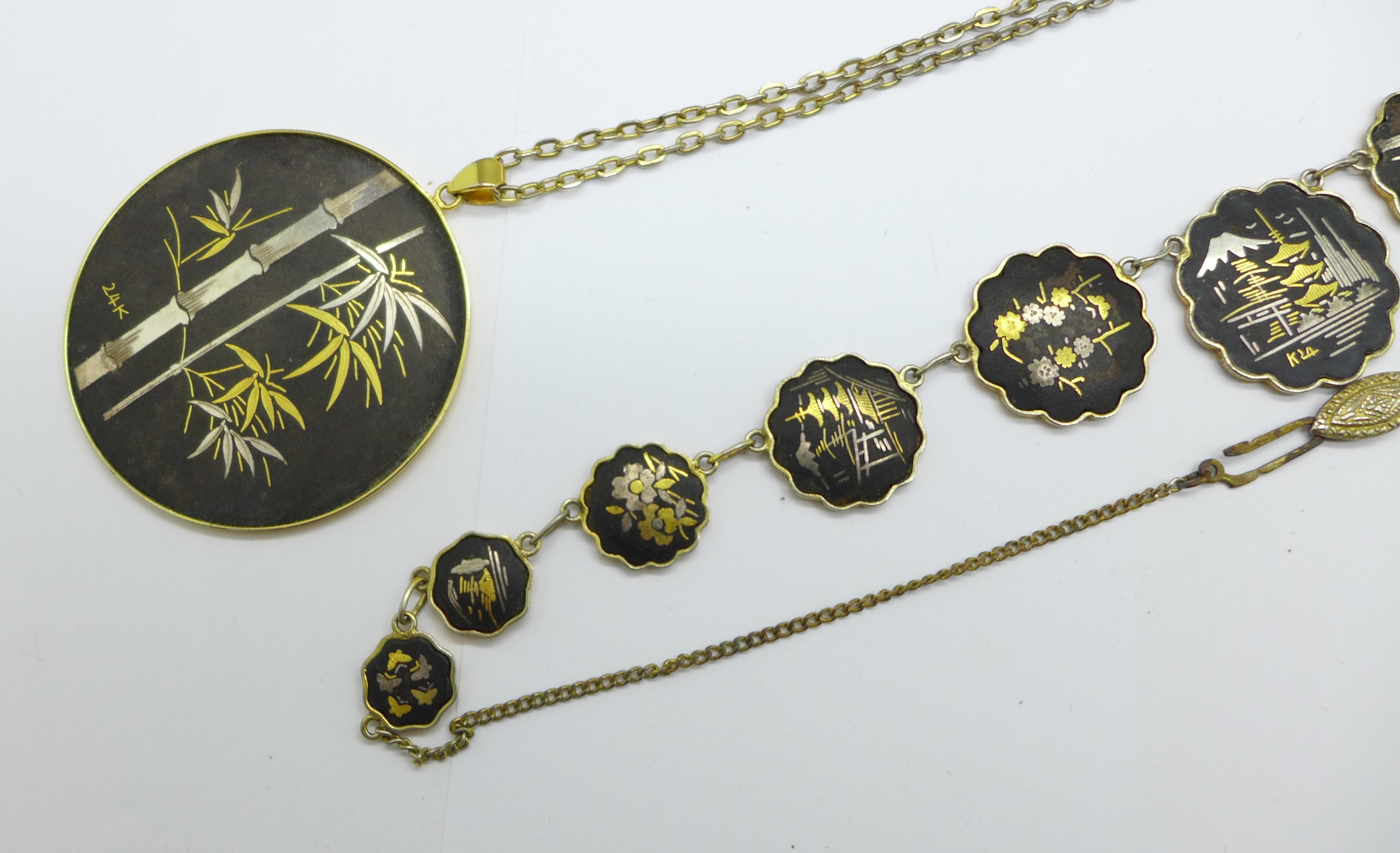A Japanese Damascene necklace and pendant inlaid with 24k gold and 14k gold - Image 2 of 2