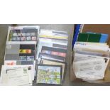 Stamps; box of GB presentation packs, mini sheets, first day covers, catalogues, etc.