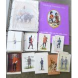 Military prints and cards, many signed by artists, a book of military uniform prints and a box of