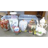 Three large ginger jars, a Japanese vase, a large tea pot and an egg shaped box