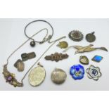 A collection of Victorian and Edwardian silver jewellery including a John Aitken & Sons enamel pansy