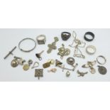 A collection of silver including rings, pendants, bangle, etc., 116g