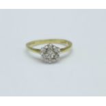 A 9ct gold and diamond cluster ring, 1.9g, L