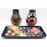Two small Moorcroft vases, Poppy and Anna Lily and an Oberon tray (3)