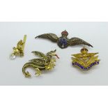 A silver RAF sweetheart brooch, one other RAF badge, a tie-pin and dragon brooch, a/f