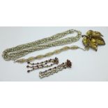 A heavy silver multi strand necklace, silver leaf brooch, etc.