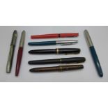 Four Parker fountain pens, one with 14k gold nib, a Watermans Bakelite case and three other fountain