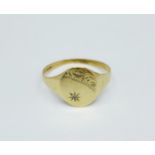A 9ct gold and diamond set signet ring, 1.5g, V