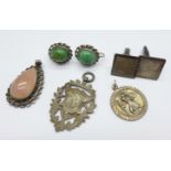 A pair of silver cufflinks, St. Christopher, two fobs, a pair of earrings and pendant, 64g