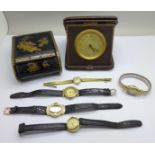 Five lady's wristwatches, a Kienzle travel clock and a trinket box