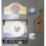 A Royal Doulton Bunnykins cup and plate, carved wooden giraffe, etc. **PLEASE NOTE THIS LOT IS NOT