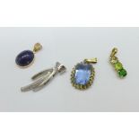Three 9ct gold and one 14ct gold mounted pendants including lapis lazulia, diopside and peridot, 6.