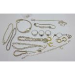 A collection of silver jewellery including bracelets, necklaces and earrings, etc., 80g