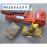 A tin-plate fire engine, car and money box