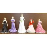 Five Royal Worcester figures, December, August, Elizabeth, Duchess of Cambridge and Pisces, boxed