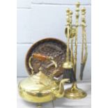 A brass kettle, copper mould and brass companion set **PLEASE NOTE THIS LOT IS NOT ELIGIBLE FOR