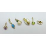 Six 9ct gold and yellow metal mounted pendants including turquoise, pearl, peridot, amethyst,