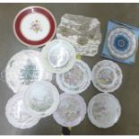A collection of plates including Royal Doulton Wind in the Willows plates by Christina Twates and