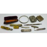 A propelling pencil, plated vesta case, coin holder, watch key, cheroot holder, cased, etc.