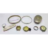 A collection of silver items including a bangle, wristwatches, pocket knife and a plated vesta