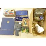 Assorted items, three tins, a drawing set, an Agfa movie camera, two books including Contribution To