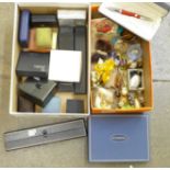 Empty jewellery boxes and a collection of hatpins, a shell purse, mink brooches, jewellery, etc.