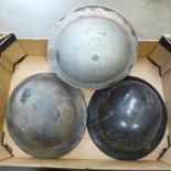Three WWII Brody style helmets including one fireman's