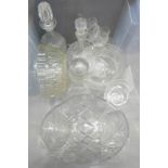 A collection of glass including an etched glass dessert set, three decanters and a large basket **