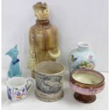 A small lustre jug, a small lustre comport, a French vase, a mug marked 'Buck', a Grafton China
