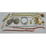 Costume jewellery including gold tone chains and brooches