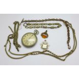 A silver plated watch, fobs, chains, etc.