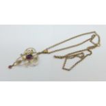 A 9ct gold amethyst and seed pearl pendant and chain, lacking five seed pearls, 4.7g
