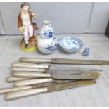Silver handled knives, a Staffordshire figure, blue and white Gourd vase, bowl and miniature vase