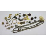 A collection of scrap jewellery and a 9ct gold tie pin, 1.7g