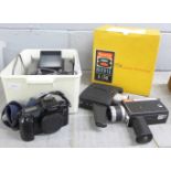 A Brownie 8 movie projector, boxed and other camera equipment including a slide editor, two movie