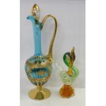 A Murano glass decanter jug and a glass figure of a bird