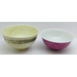 Two Chinese bowls, pink bowl base with firing cracks