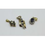 Three 9ct gold diamond and sapphire pendants, 2.7g
