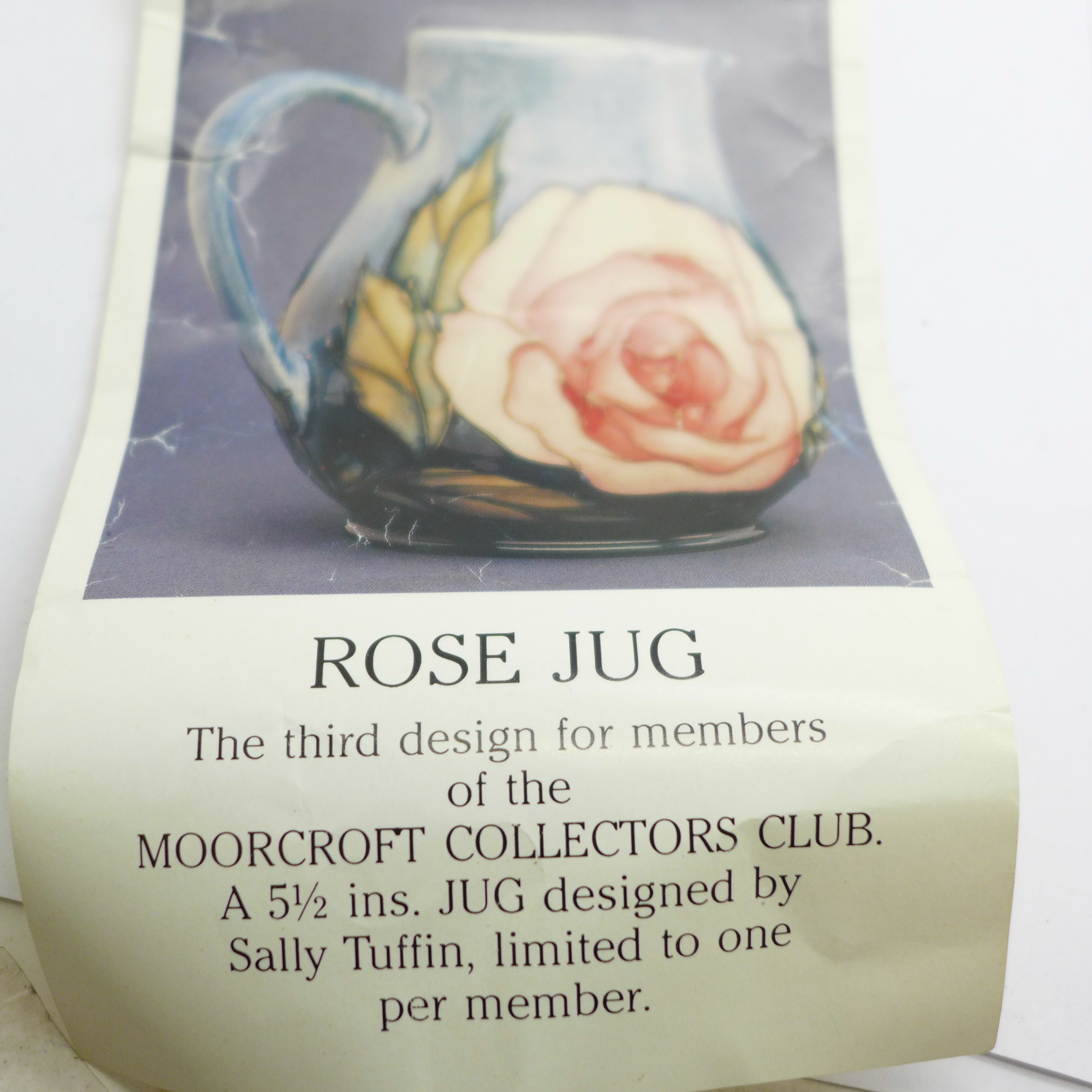 A Moorcroft Collectors Club rose jug, designed by Sally Tuffin, 14.5cm - Image 6 of 6