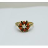 A 9ct gold, pearl and coral ring, 2.1g, I