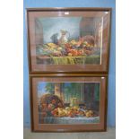 A pair of still life prints of fruit, framed