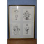 David Levine, set of four caricature prints, framed